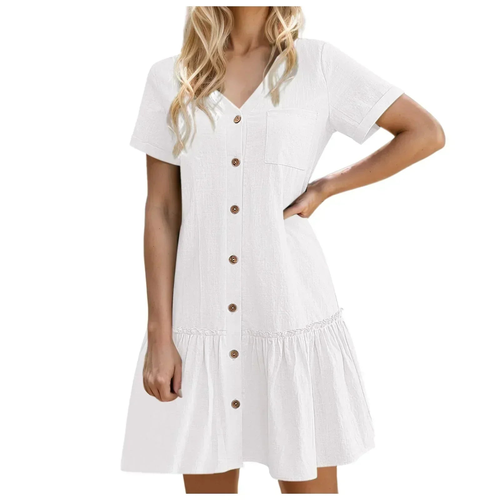 Mirellea - Robe courte femme en coton-lin avec boutons et volant