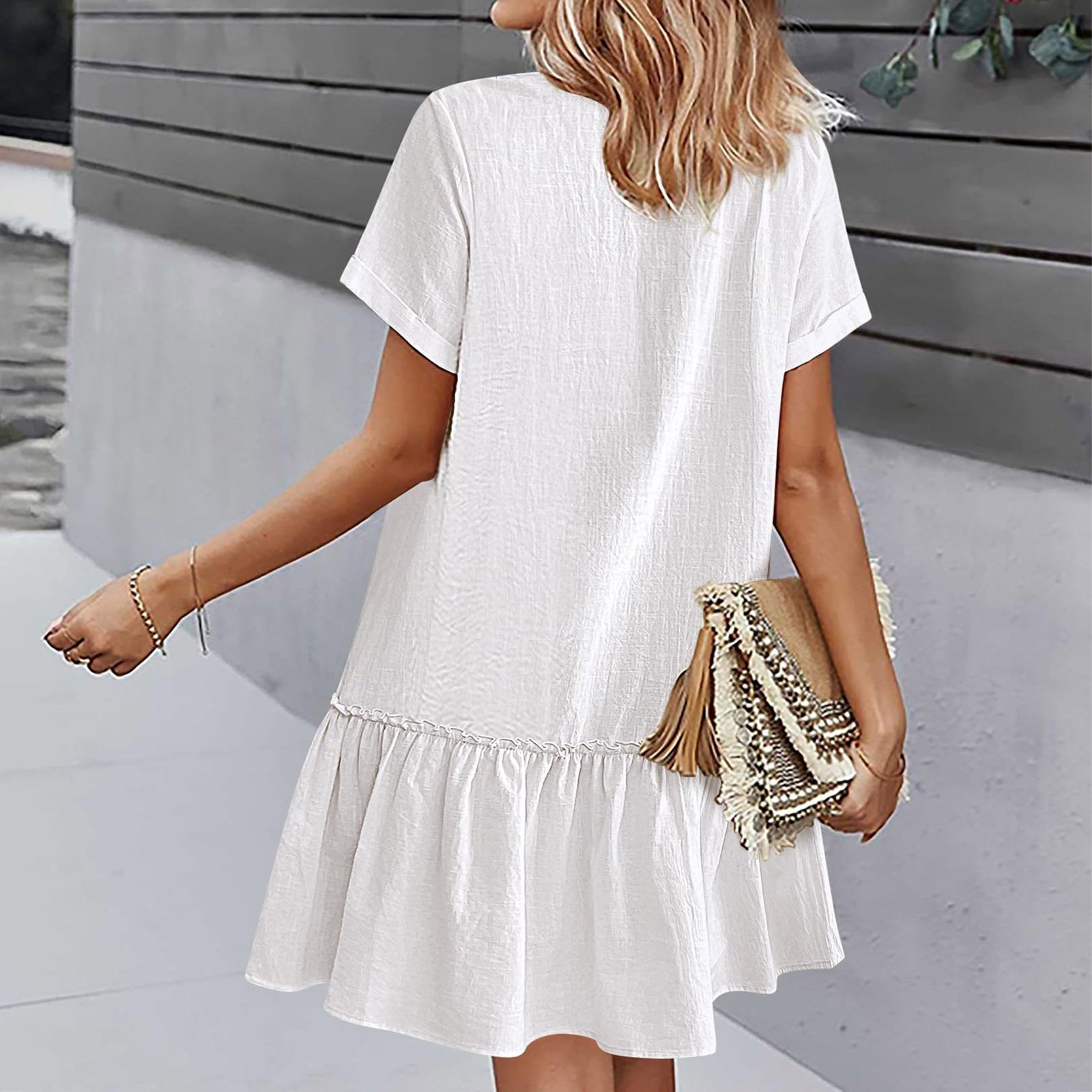 Mirellea - Robe courte femme en coton-lin avec boutons et volant
