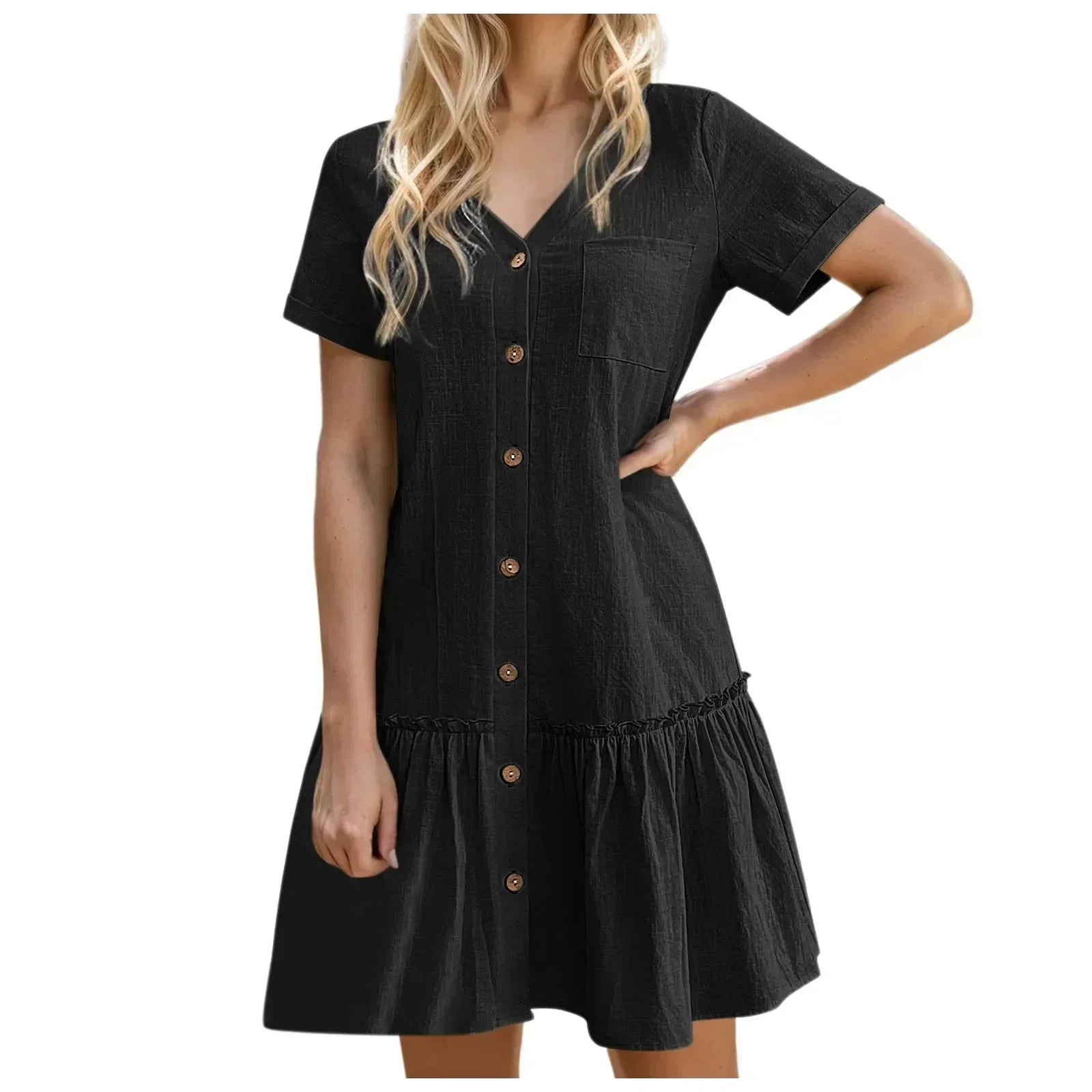 Mirellea - Robe courte femme en coton-lin avec boutons et volant