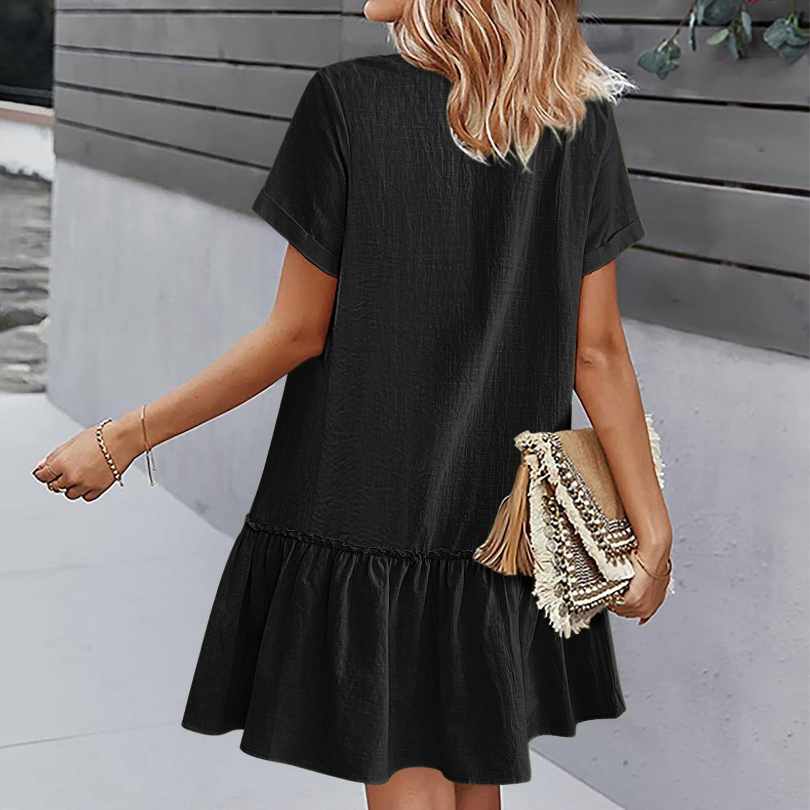 Mirellea - Robe courte femme en coton-lin avec boutons et volant