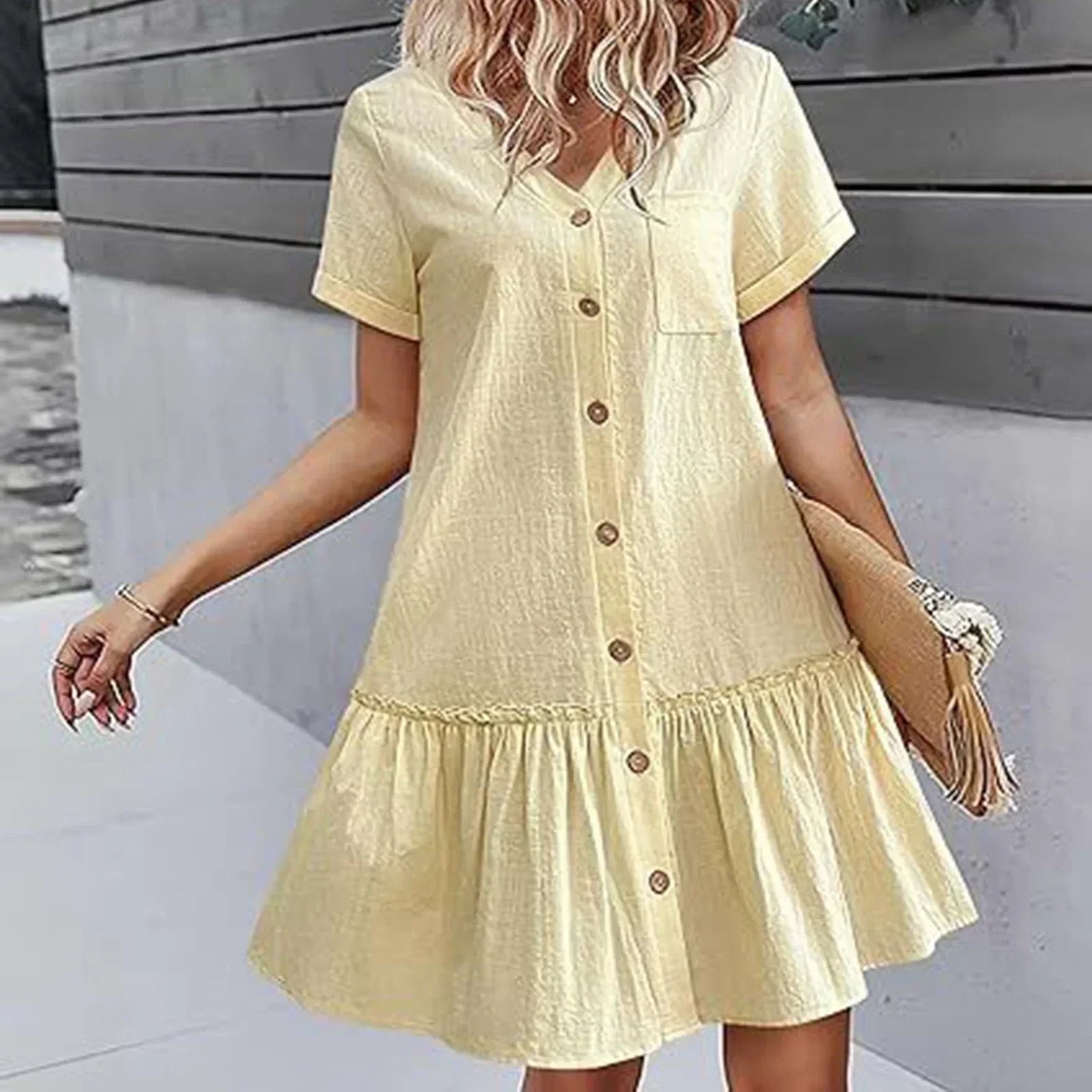 Mirellea - Robe courte femme en coton-lin avec boutons et volant