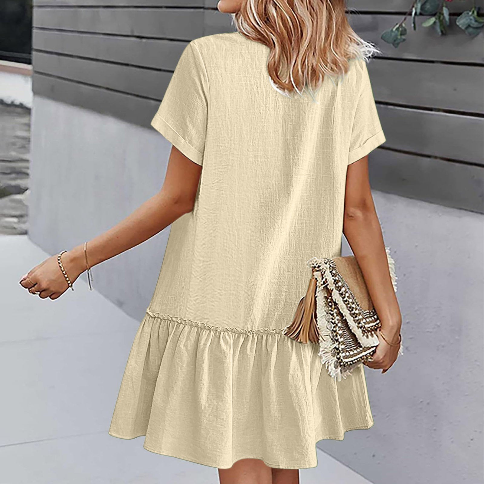 Mirellea - Robe courte femme en coton-lin avec boutons et volant