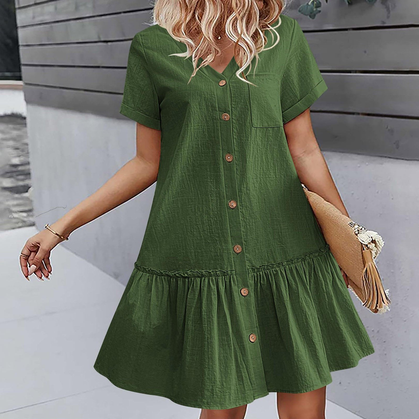 Mirellea - Robe courte femme en coton-lin avec boutons et volant