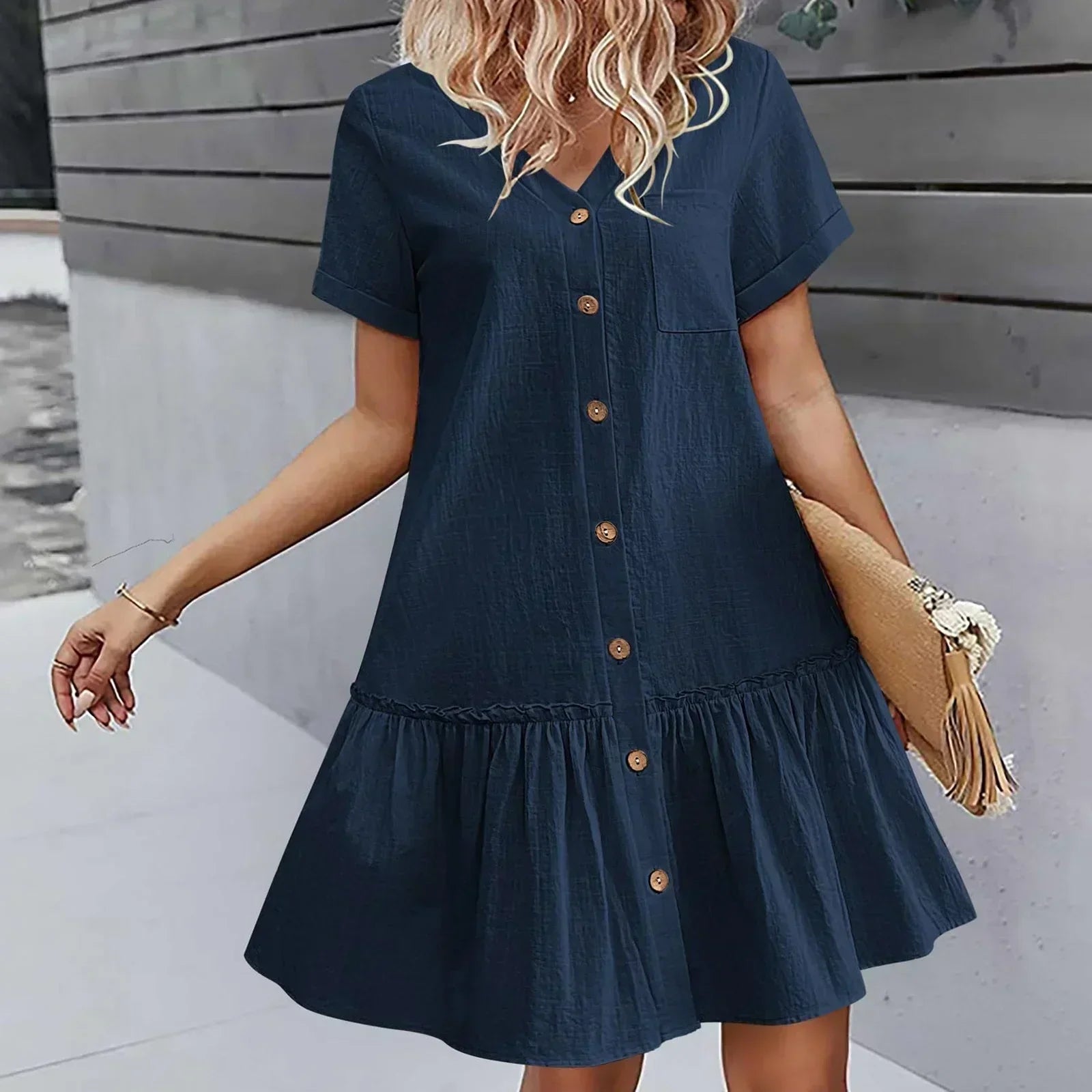 Mirellea - Robe courte femme en coton-lin avec boutons et volant