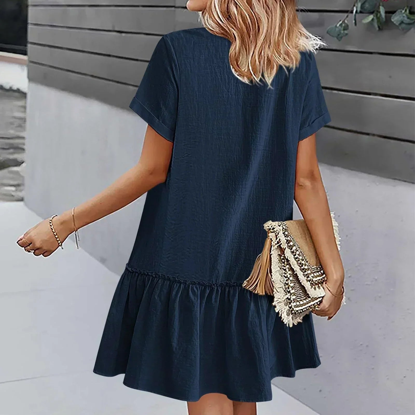 Mirellea - Robe courte femme en coton-lin avec boutons et volant