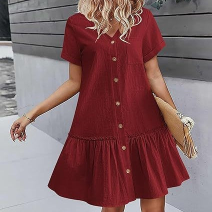 Mirellea - Robe courte femme en coton-lin avec boutons et volant