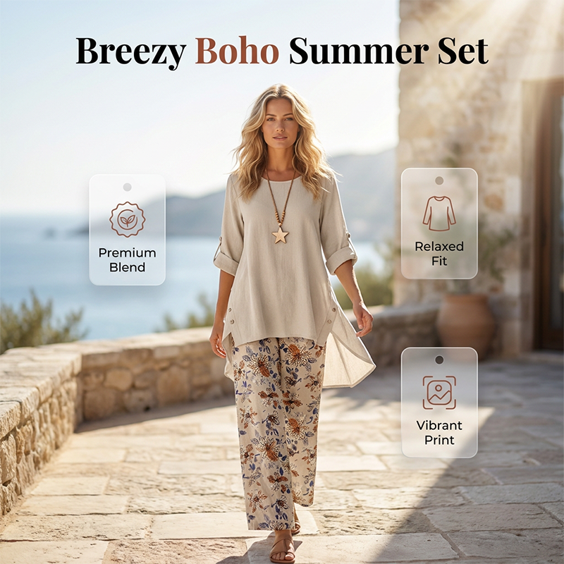 Lorenae - Ensemble femme coton-lin avec tunique et pantalon fleuri