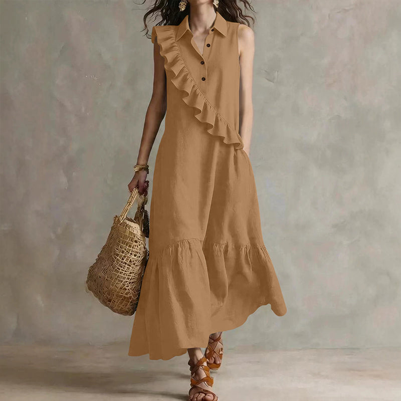 Velina - Robe longue femme sans manches avec volants devant