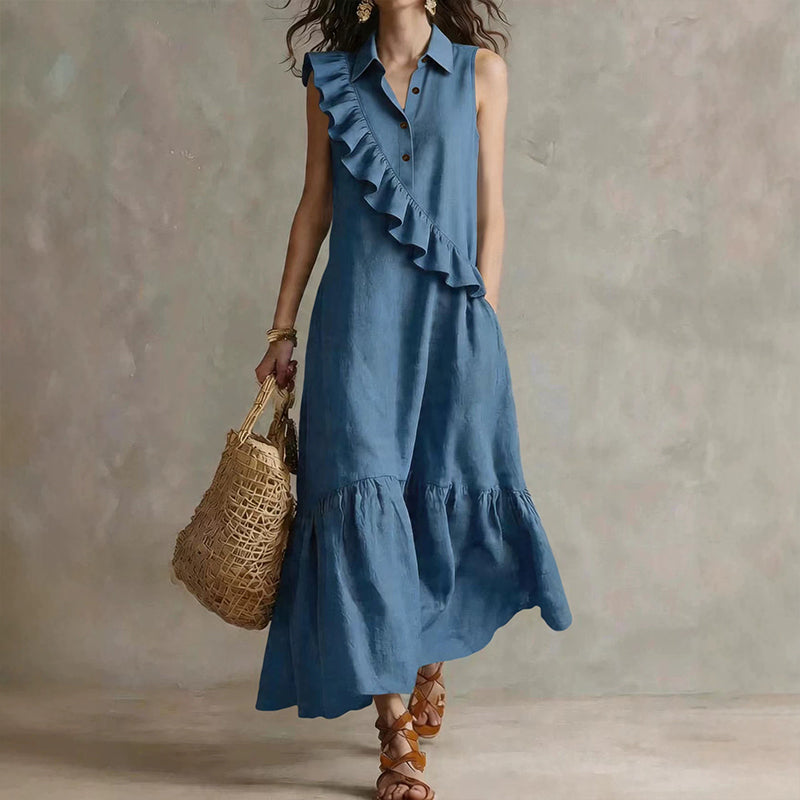 Velina - Robe longue femme sans manches avec volants devant
