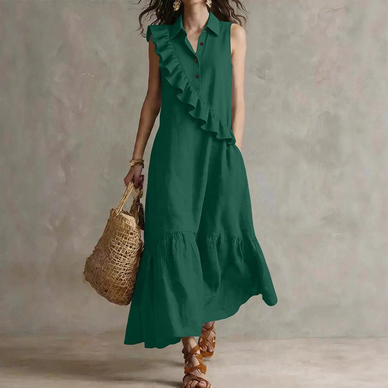 Velina - Robe longue femme sans manches avec volants devant