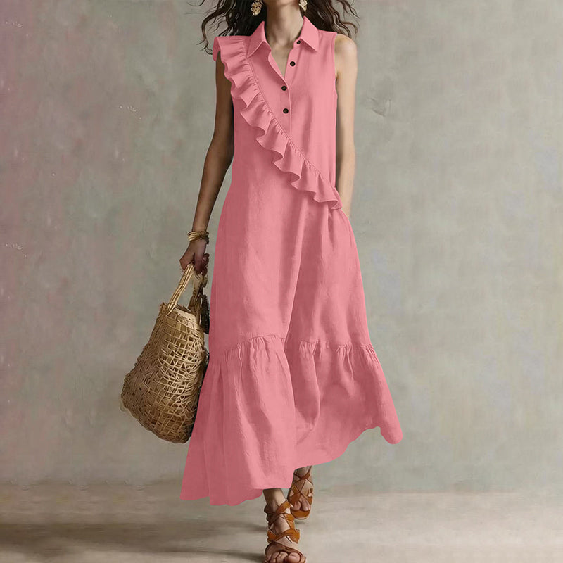 Velina - Robe longue femme sans manches avec volants devant
