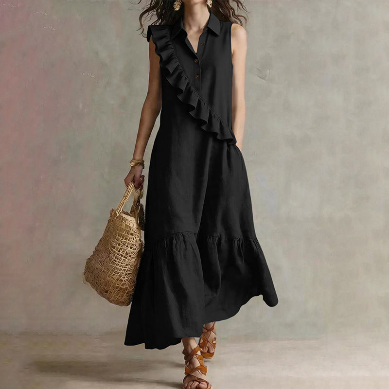 Velina - Robe longue femme sans manches avec volants devant