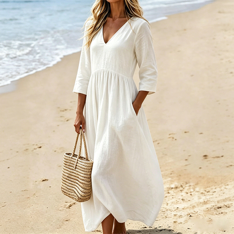 Jessora - Robe longue femme col V en tissu ice silk fluide