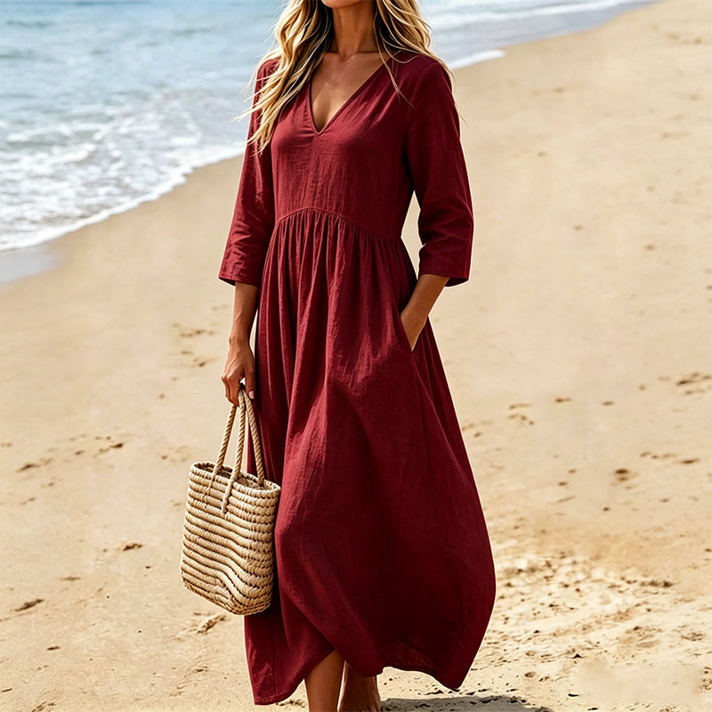 Jessora - Robe longue femme col V en tissu ice silk fluide