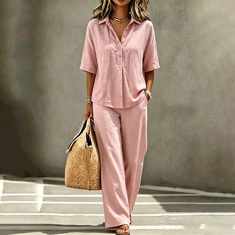 Varelle - Ensemble femme fluide avec blouse boutonnée et pantalon large