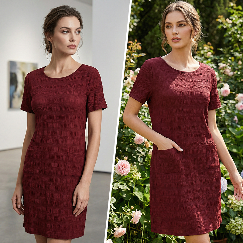 Darisse - Robe femme texturée à col rond avec poches
