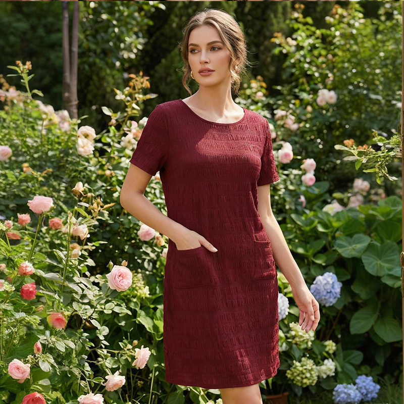 Darisse - Robe femme texturée à col rond avec poches