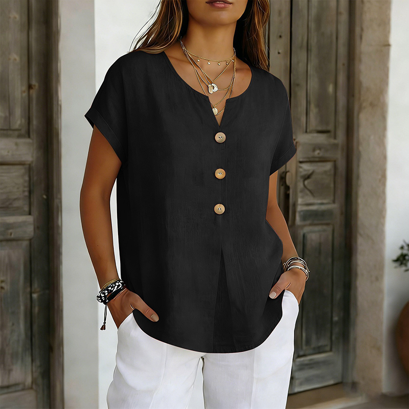 Iridelle - T-shirt femme col V avec boutons décoratifs