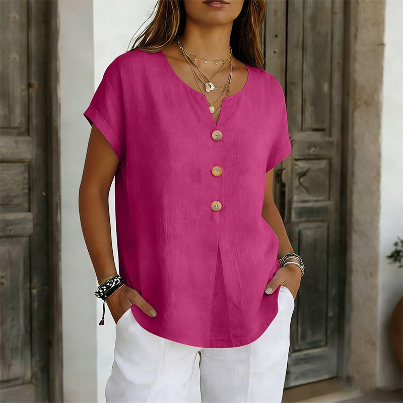 Iridelle - T-shirt femme col V avec boutons décoratifs