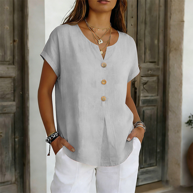 Iridelle - T-shirt femme col V avec boutons décoratifs