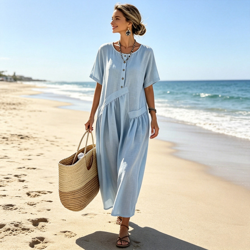 Risel - Robe maxi femme à boutons effet coton-lin