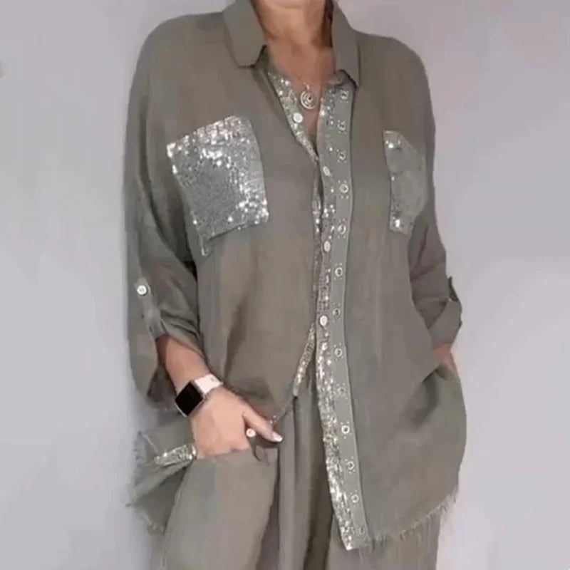 Elvara - Ensemble femme blouse et pantalon avec paillettes