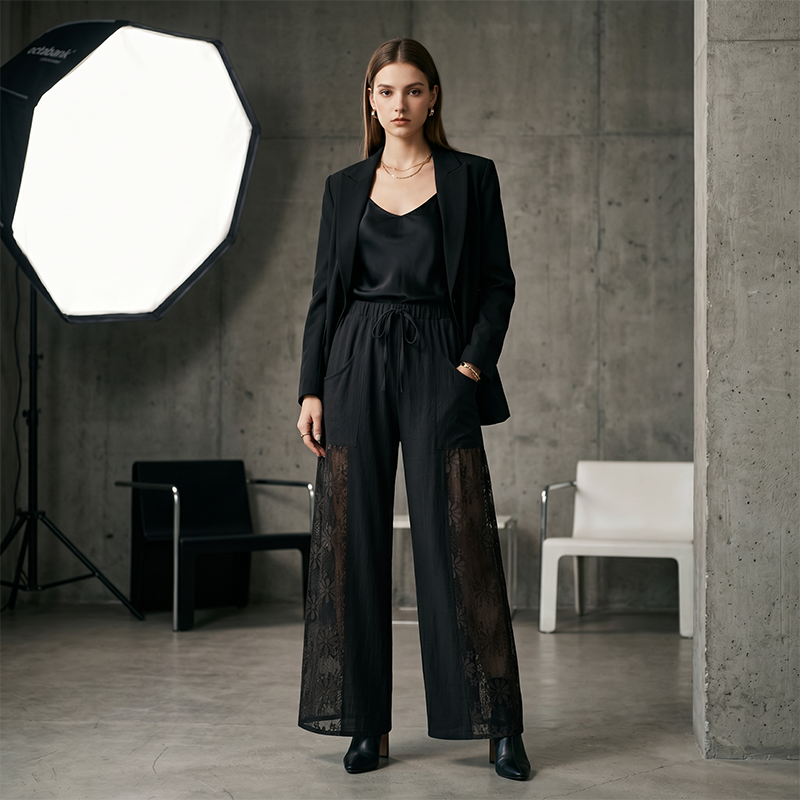 Hylisse - Pantalon femme fluide avec dentelle et cordon