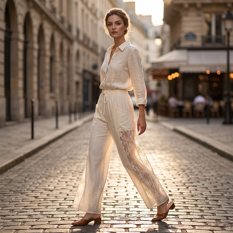 Hylisse - Pantalon femme fluide avec dentelle et cordon