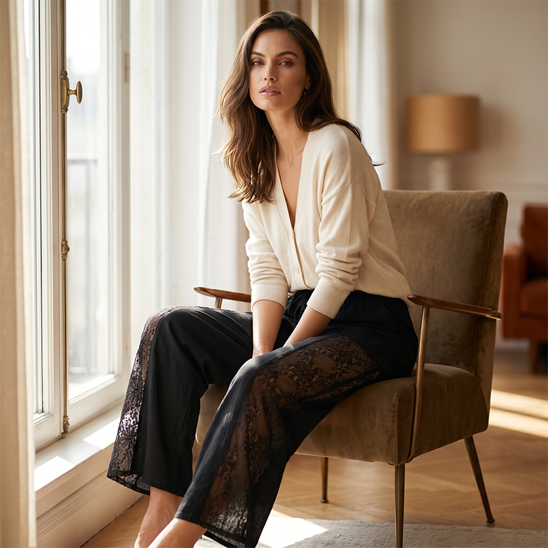 Hylisse - Pantalon femme fluide avec dentelle et cordon