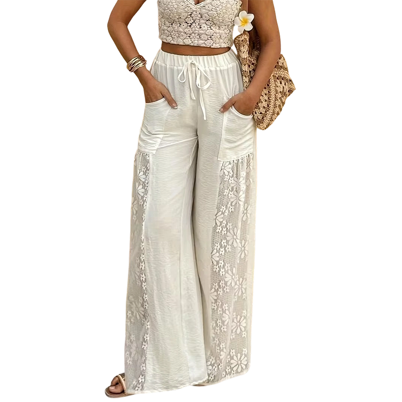 Hylisse - Pantalon femme fluide avec dentelle et cordon
