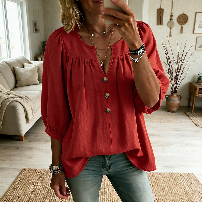 Loriane - Blouse femme col V avec manches 3/4 boutonnées