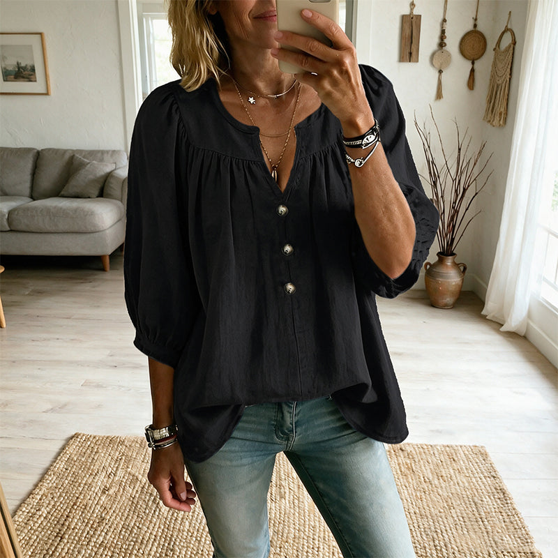 Loriane - Blouse femme col V avec manches 3/4 boutonnées