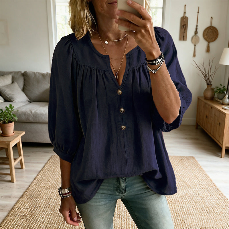 Loriane - Blouse femme col V avec manches 3/4 boutonnées