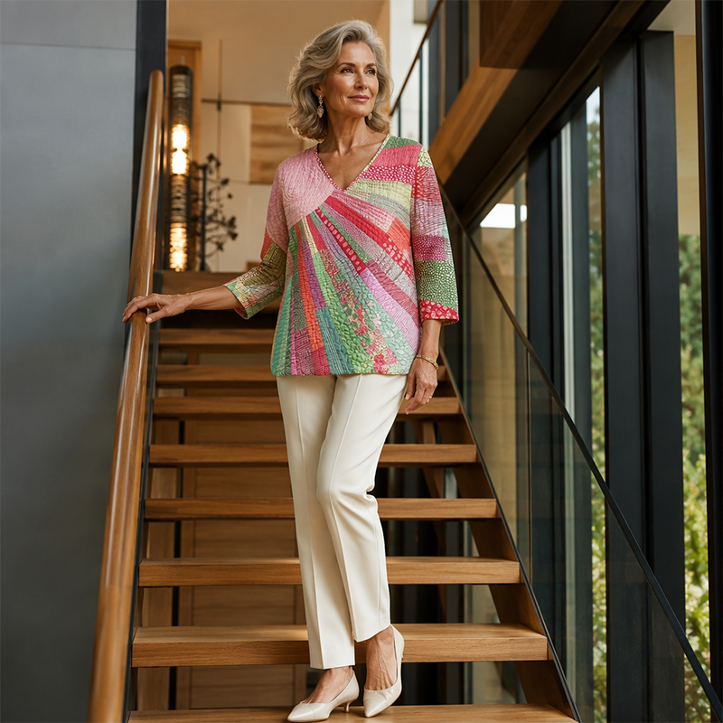 Cecily - Blouse femme patchwork rétro à col V