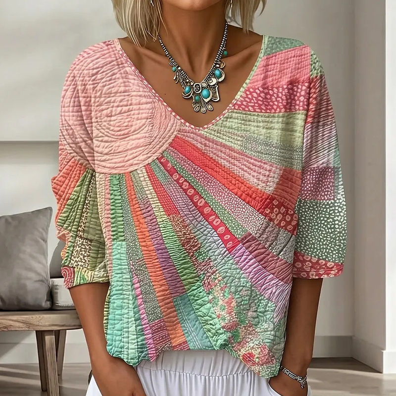 Cecily - Blouse femme patchwork rétro à col V