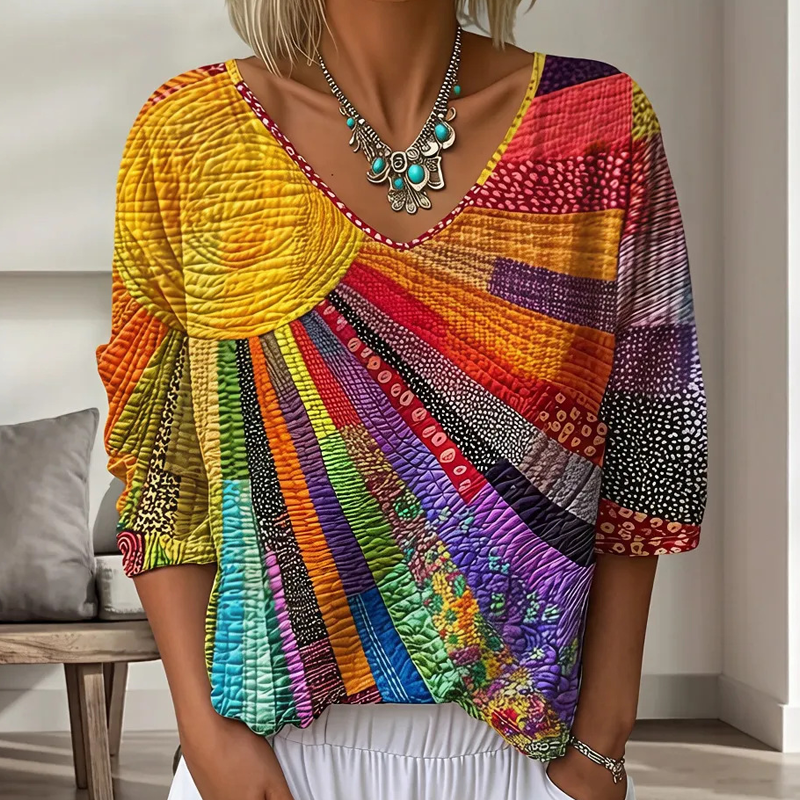 Cecily - Blouse femme patchwork rétro à col V