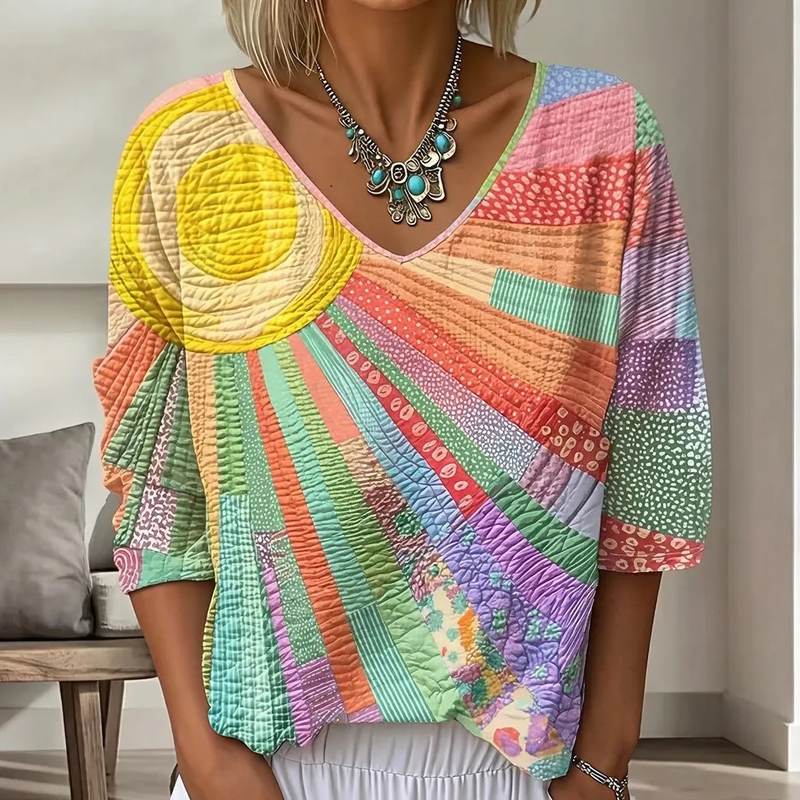 Cecily - Blouse femme patchwork rétro à col V