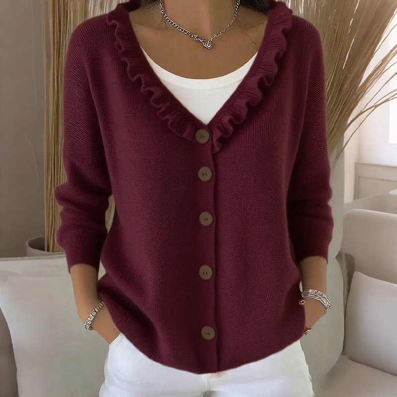 Neeltje - Cardigan femme boutonné en maille avec col volanté