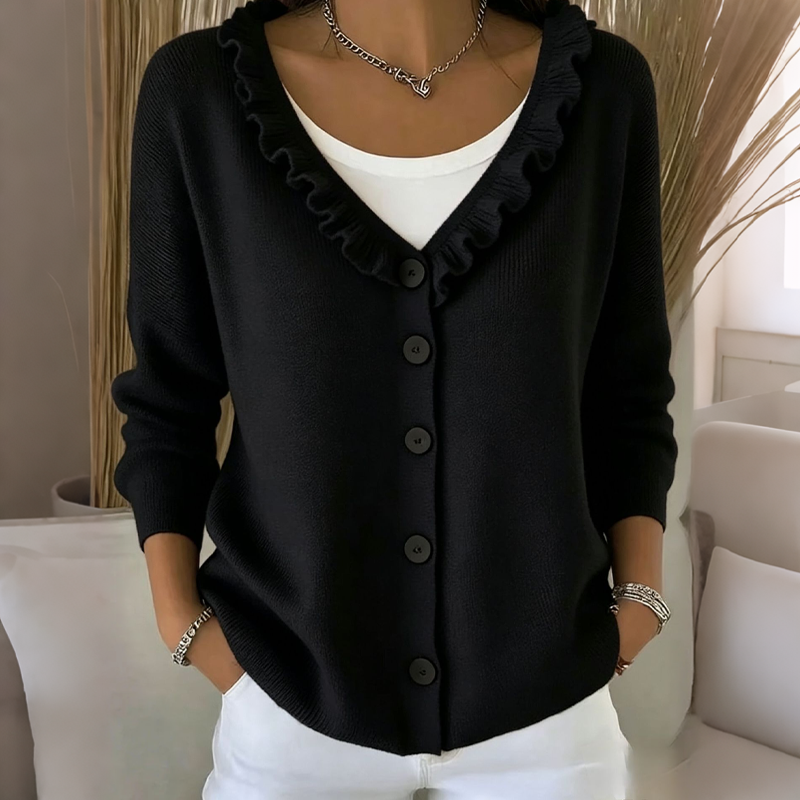 Neeltje - Cardigan femme boutonné en maille avec col volanté