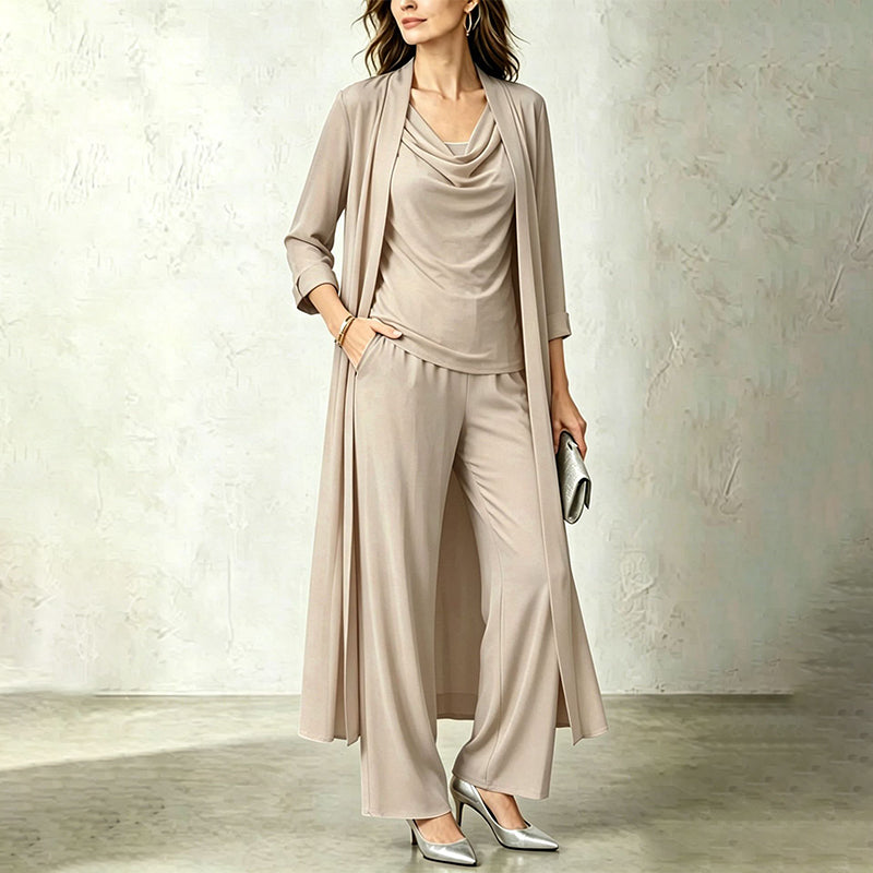 Élodine - Ensemble trois pièces femme avec cardigan long et pantalon fluide