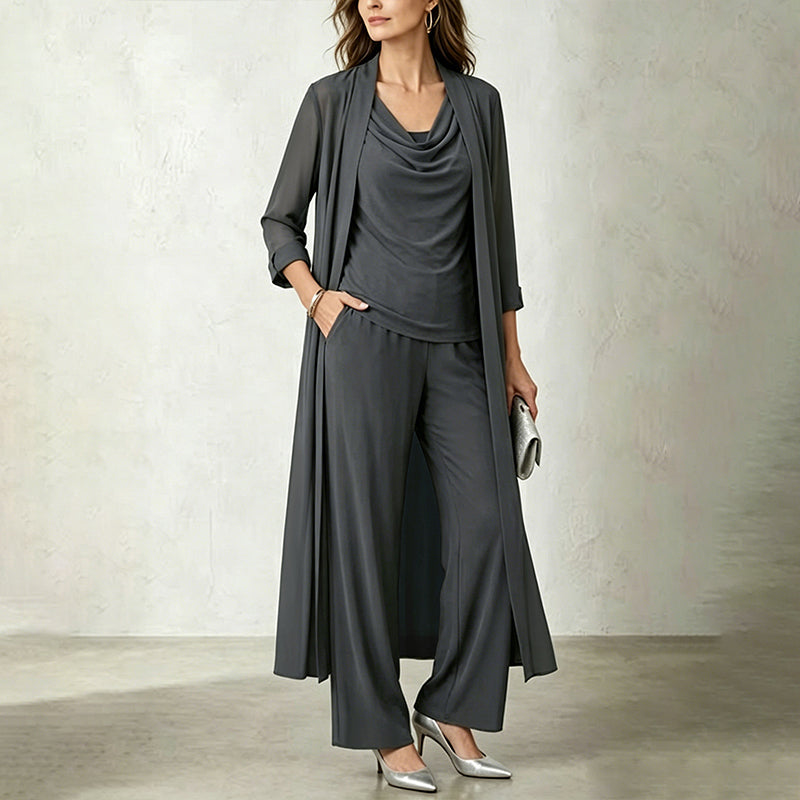 Élodine - Ensemble trois pièces femme avec cardigan long et pantalon fluide