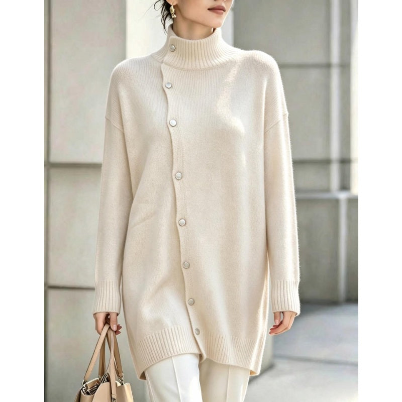 Clarinde - Pull femme en maille à col roulé avec boutons asymétriques