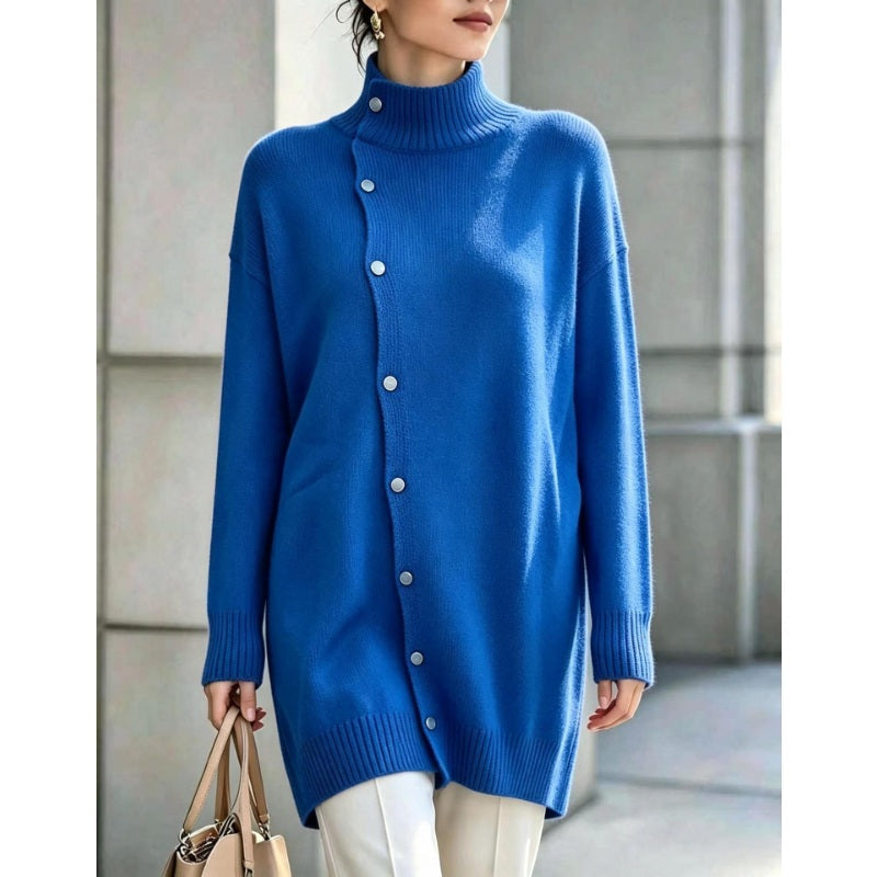 Clarinde - Pull femme en maille à col roulé avec boutons asymétriques