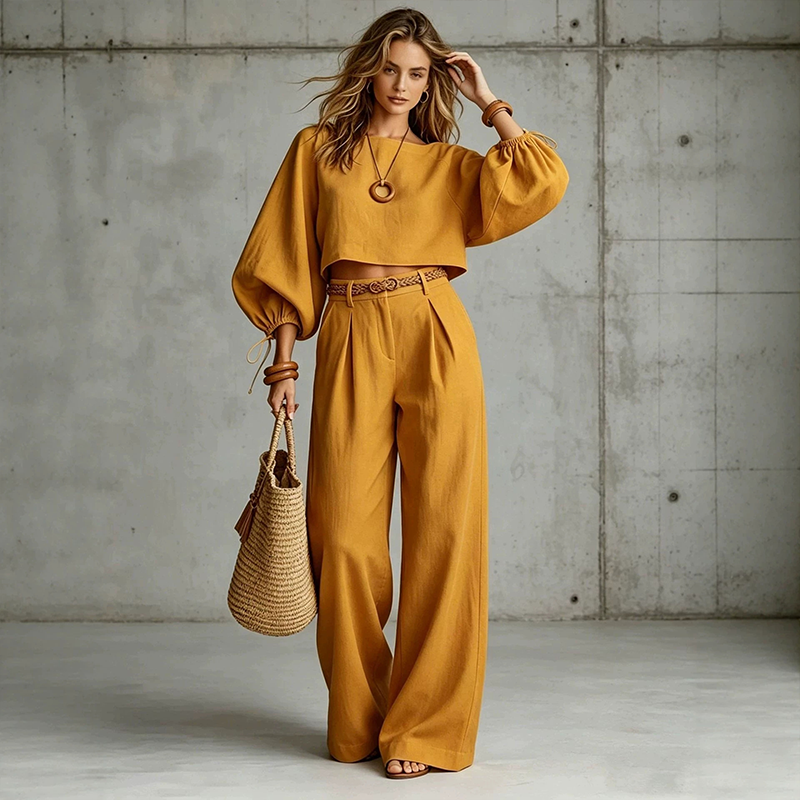 Maïwenn - Ensemble femme avec haut court et pantalon large fluide