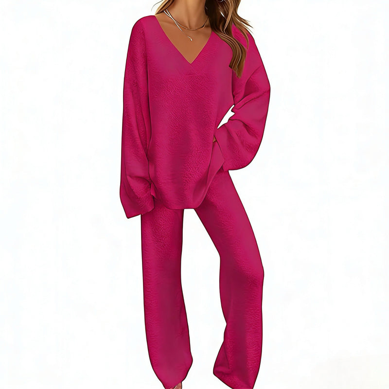 Sabien - Ensemble en maille femme avec pull col V et pantalon large