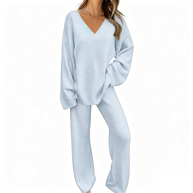Sabien - Ensemble en maille femme avec pull col V et pantalon large
