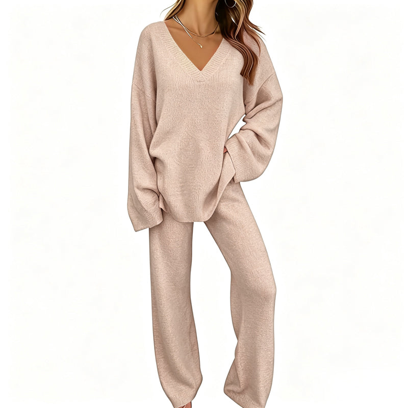 Sabien - Ensemble en maille femme avec pull col V et pantalon large