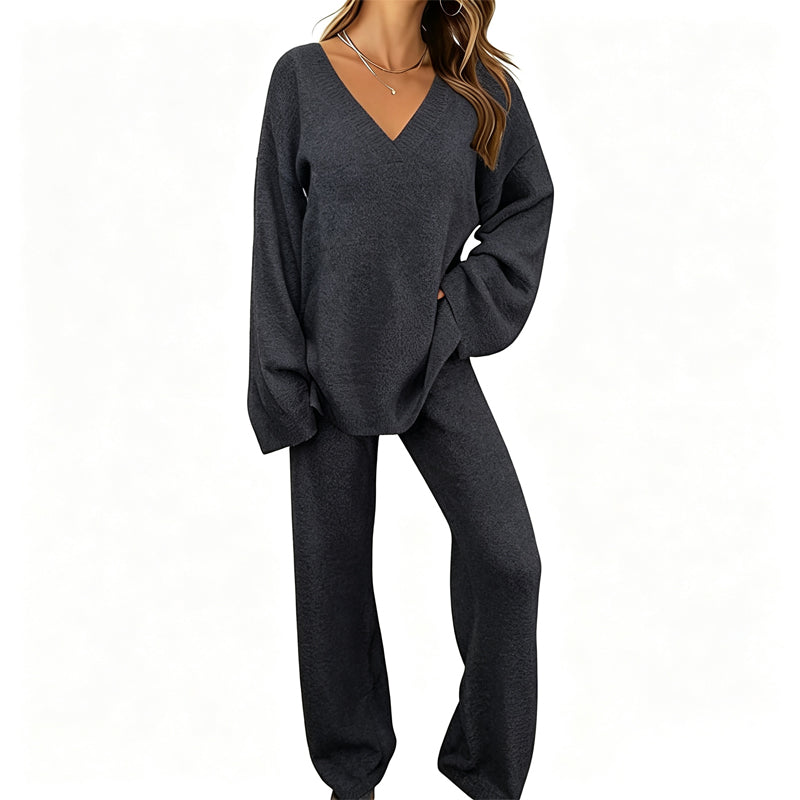Sabien - Ensemble en maille femme avec pull col V et pantalon large