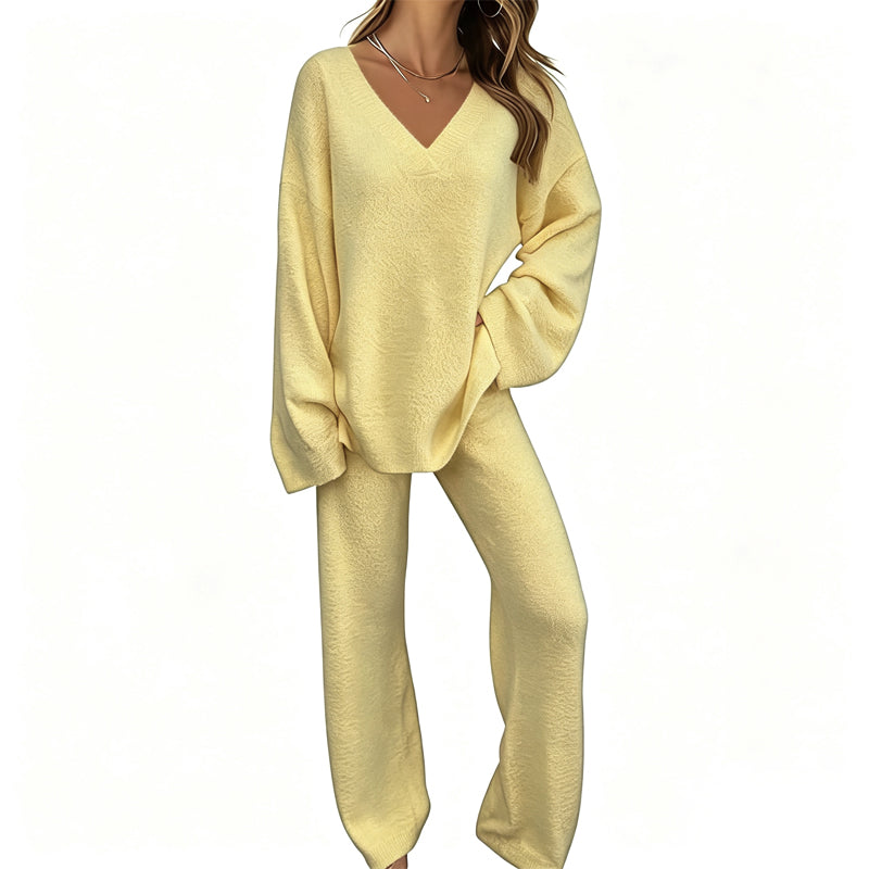 Sabien - Ensemble en maille femme avec pull col V et pantalon large
