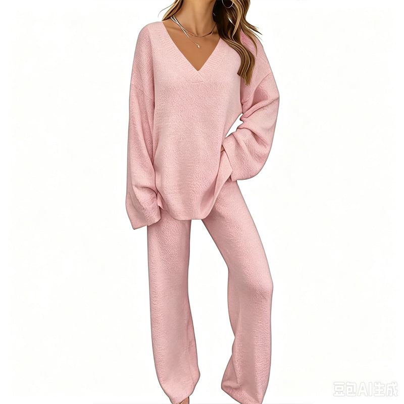 Sabien - Ensemble en maille femme avec pull col V et pantalon large